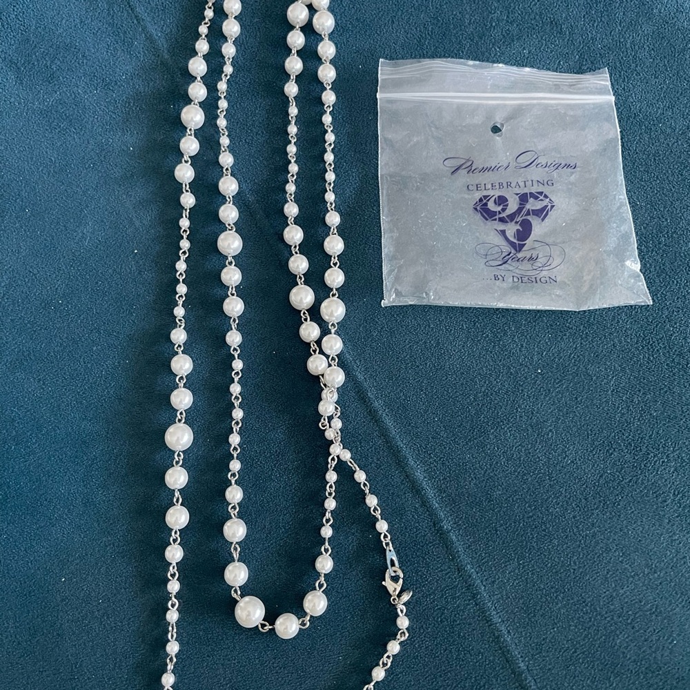 Long Elegant Silver Pearl Necklace by Premier Designs
